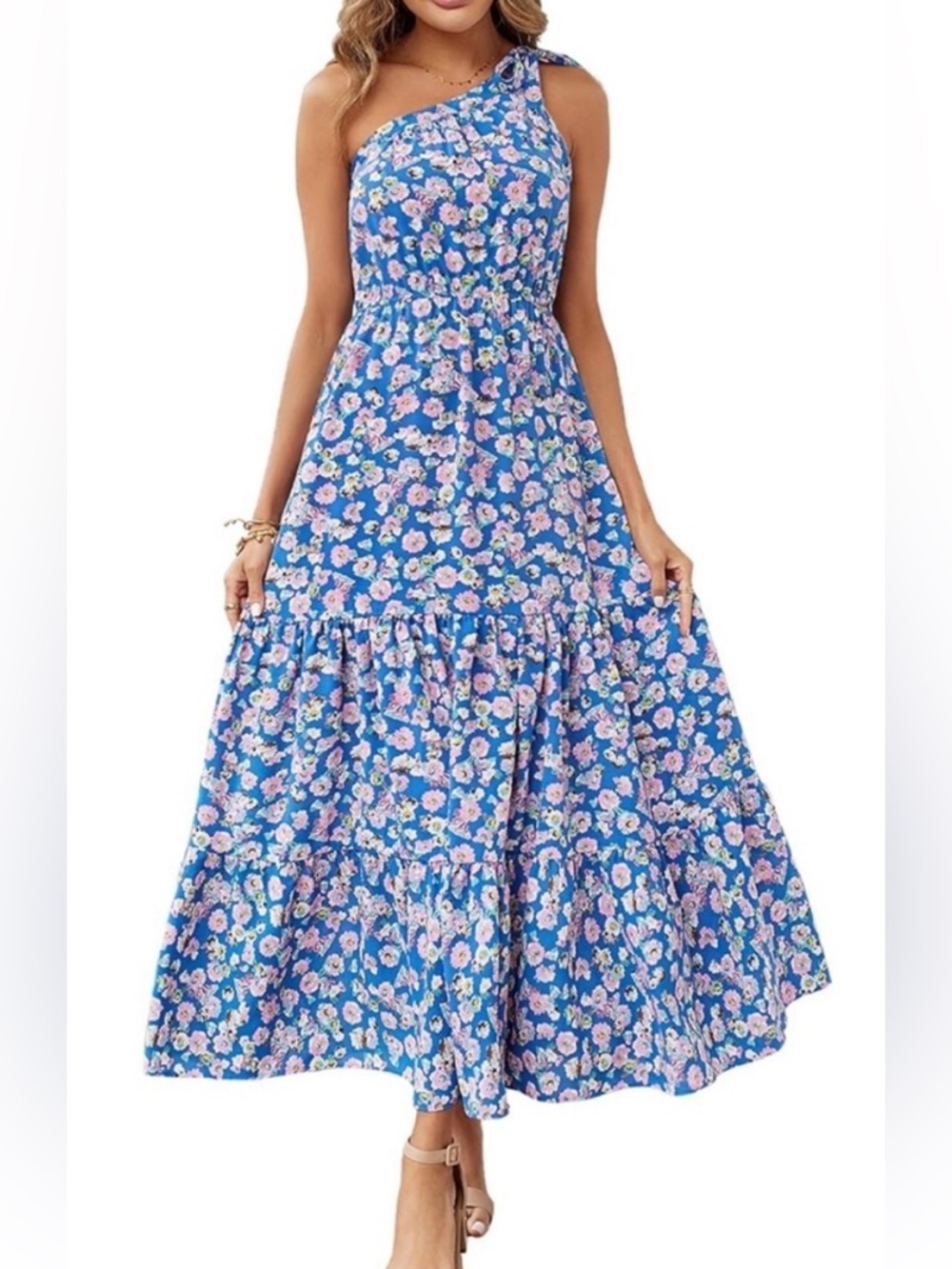 PrettyGarden Blue Floral One-Shoulder Tie Tiered Maxi Dress size Small